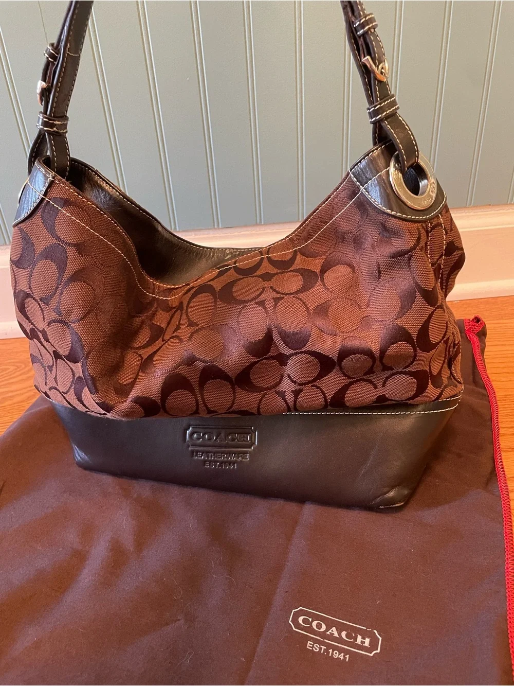 Coach Brown Signature Canvas & Dark Brown Leather Handbag
